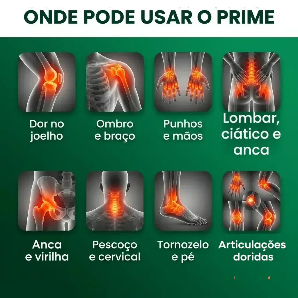 Onde pode usar o Prime: joelho, lombar e ciático, ombro e costas, punhos e mãos, calcanhar e perna, cabeça e pescoço, e articulações doloridas